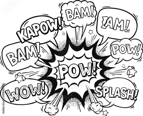 Comic Style Hand Drawn Sound Effect Words Explosion Speech Bubbles Set Featuring Kapow Bam Pow Wow Splash