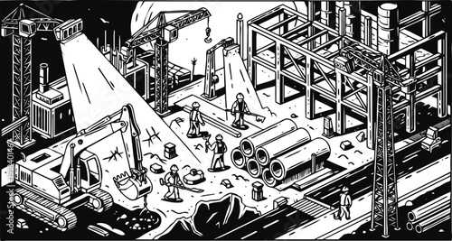 Isometric construction site illustration with excavator workers concrete pipes lighting towers for civil engineering infrastructure
