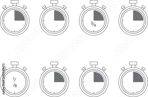 Set of minimalist stopwatch icons showing various time intervals for sports and business