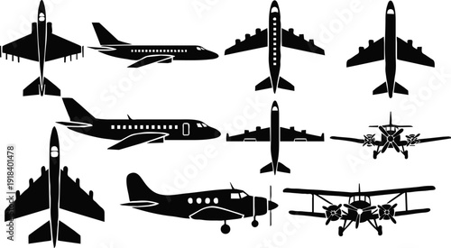 Aircraft silhouette collection featuring military jets, passenger airplanes, propeller planes, top and side views, aviation transport shapes, black airplane icons isolated on white background