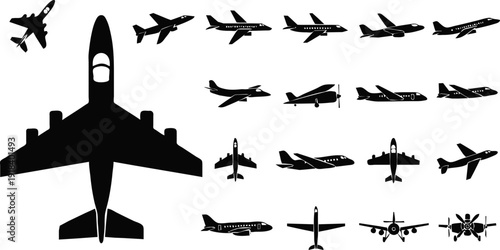 Aircraft silhouette collection featuring military jets, passenger airplanes, propeller planes, top and side views, aviation transport shapes, black airplane icons isolated on white background