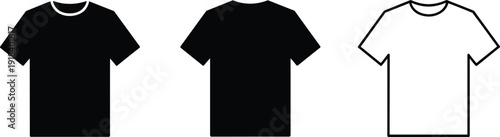 Vector icon set of crew neck t-shirt templates featuring solid black silhouettes and linear outlines for fashion design apparel branding and clothing mockups,