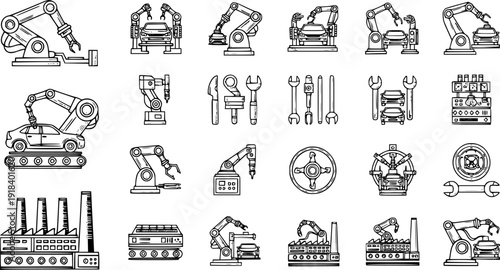 Industry 4.0 automation and artificial intelligence solid icon set featuring robotics, IoT, PLC, data analytics, smart manufacturing, cloud computing
