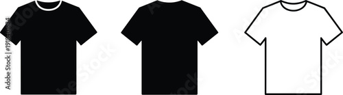 Vector icon set of crew neck t-shirt templates featuring solid black silhouettes and linear outlines for fashion design apparel branding and clothing mockups