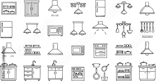 Modern kitchen line art icon set featuring cabinets appliances sinks shelves lighting cookware minimalist black white outline illustration collection interior design elements