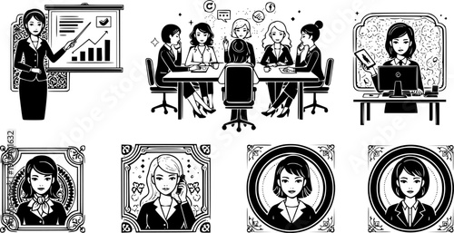 Business woman character set illustration showing professional office activities presentation teamwork leadership communication