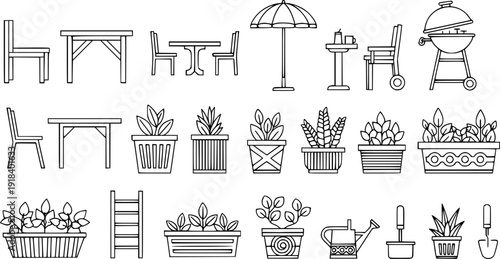 Outdoor patio furniture line art set featuring tables chairs grill umbrella planters