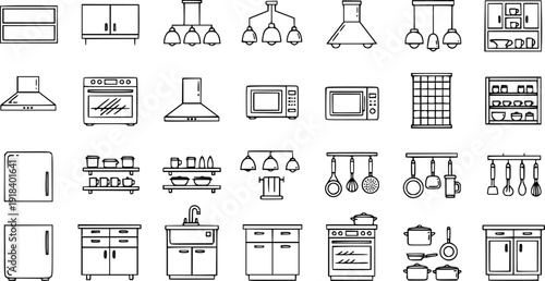 Modern kitchen line art icon set featuring cabinets appliances sinks shelves lighting cookware minimalist black white outline illustration collection interior design elements