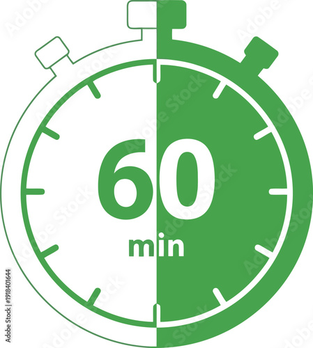 Stopwatch icon showing sixty minutes countdown for time tracking and management