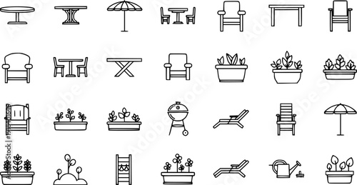 Outdoor patio furniture line art set featuring tables chairs grill umbrella planters