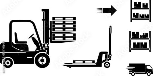 Forklift and pallet truck icon set showing warehouse equipment, material handling vehicles and industrial logistics operations for storage, loading, transport and supply chain