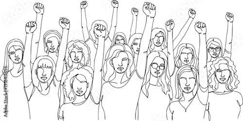 Continuous line illustration of diverse women raising fists for gender equality, feminism, empowerment, solidarity