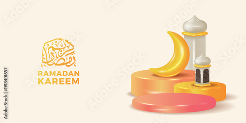 3d lantern mosque and moon crescent withcylinder podium stage decoration for ramadan islamic