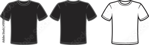 Vector icon set of crew neck t-shirt templates featuring solid black silhouettes and linear outlines with gray accents for fashion design branding and mockups