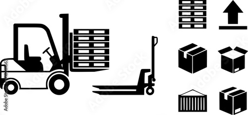 Forklift and pallet truck icon set showing warehouse equipment, material handling vehicles and industrial logistics operations for storage, loading, transport and supply chain