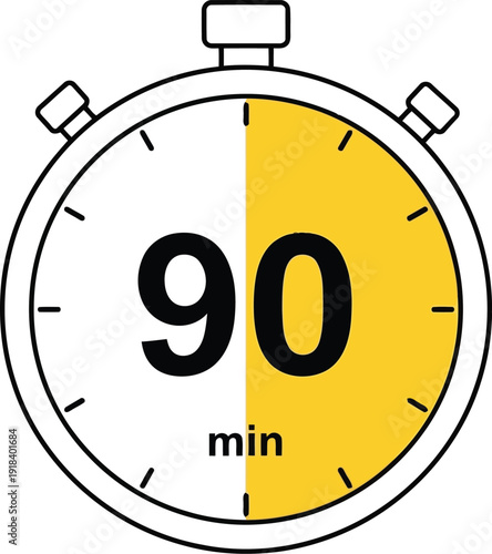 Stopwatch icon showing ninety minutes timer with yellow highlight on white background