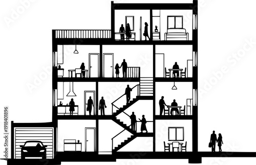 Residential house cross section illustration showing multi level interiors staircases people silhouettes rooms garage architectural cutaway black white line drawing design concept