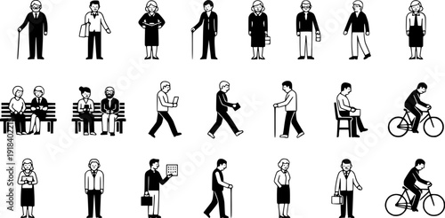 Diverse people character illustration set showing men and women sitting standing walking and cycling in flat vector style for modern design projects
