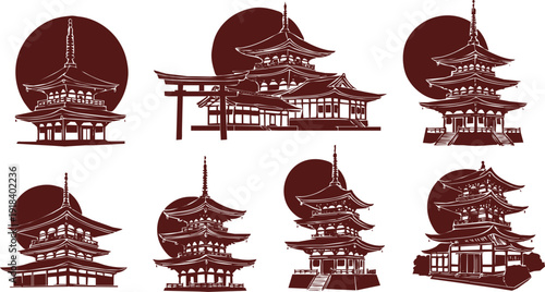
Japanese pagoda and temple silhouette collection with red sun, traditional ink style architecture illustrations for Asian culture design projects branding posters decor