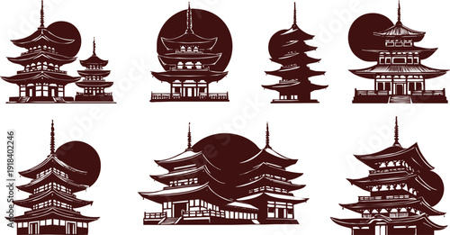 
Japanese pagoda and temple silhouette collection with red sun, traditional ink style architecture illustrations for Asian culture design projects branding posters decor