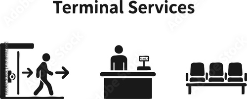 Aviation and airport operations icon set featuring airplanes, helicopter, runway, control tower, terminal services, maintenance, radar and baggage handling symbols for air