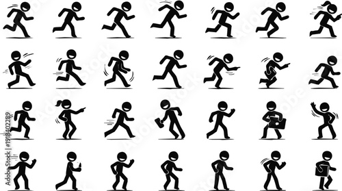 Funny stick figure motion icons set showing running jumping pointing waving