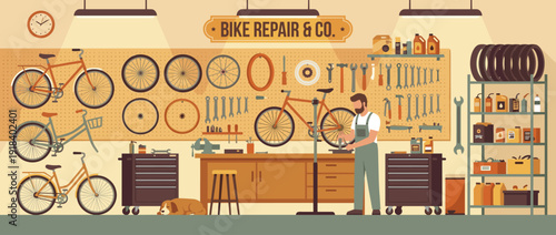 Flat vector illustration of a bicycle repair workshop featuring a mechanic working on a bike, tools on a pegboard, spare parts, tires, and a sleeping dog in a warm, organized garage interior.