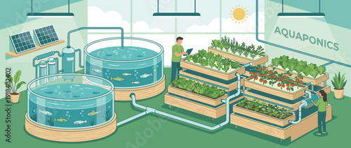 Modern indoor aquaponics facility flat vector illustration featuring fish tanks and multi-level hydroponic growing beds for sustainable agriculture, solar energy, and organic food production.
