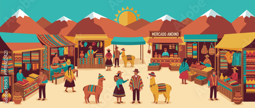 Flat vector illustration of a traditional Peruvian Andes market with colorful textiles, alpacas, and local people in ethnic clothing selling handmade crafts against a mountain landscape background.