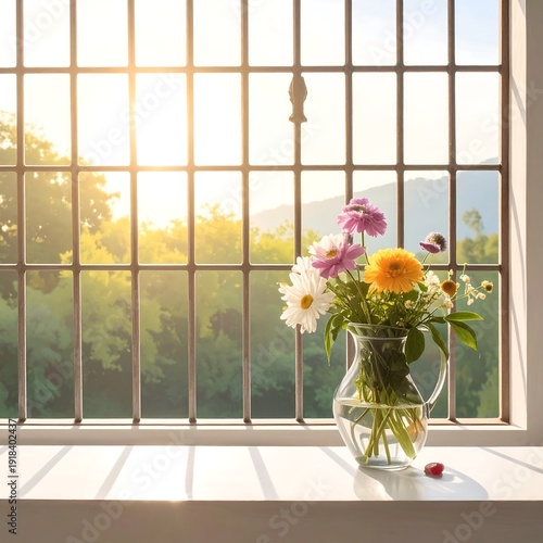 A vibrant bouquet of colorful flowers in a glass vase sits on a windowsill, with a bright outdoor scene visible through the barred window