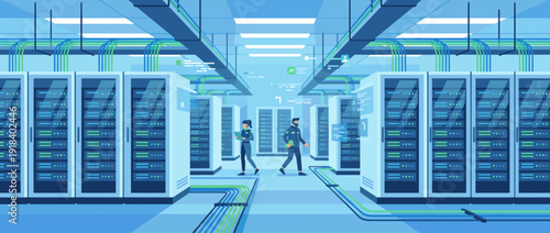 Modern data center server room flat vector illustration with glowing hardware racks, organized cable management, and technicians monitoring cloud computing infrastructure and network systems.