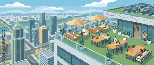 Modern coworking rooftop terrace flat vector illustration with people working on laptops, featuring a panoramic city skyline view, solar panels, green plants, and outdoor office furniture in urban.