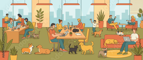 Modern pet-friendly office vector illustration featuring diverse employees working on laptops at desks and sofas with their dogs and cats in a bright, open coworking space with city views.
