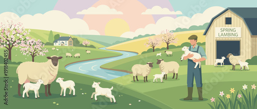 Flat vector illustration of an idyllic pastoral farm during spring lambing season, featuring a farmer holding a newborn lamb, sheep grazing in green meadows with cherry blossoms, a river, and barn.