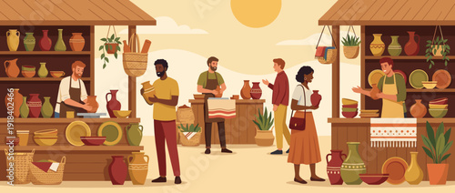 Vibrant flat vector illustration of a traditional pottery market featuring artisans and shoppers. Diverse people browsing handmade ceramic vases, bowls, and pots at outdoor market stalls.