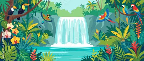 Vibrant Flat Vector Illustration of a Tropical Waterfall in a Lush Rainforest with Exotic Birds like Toucans and Parrots, Colorful Jungle Landscape with Orchids, Palms, and Cascading Water Flow.