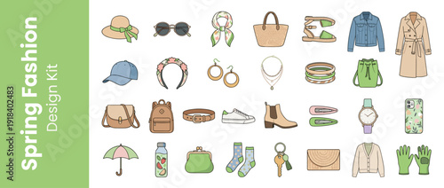 Comprehensive vector icon set of 28 spring fashion accessories and apparel in flat design. Features sun hats, sunglasses, bags, footwear, jewelry, denim jacket, trench coat, and seasonal items.