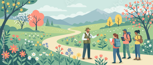 Flat vector illustration of a naturalist guide teaching a group of diverse students about wildflowers during a spring nature walk in a scenic meadow with mountains and blooming trees.