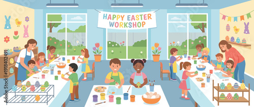 Flat vector illustration of a children's Easter egg painting workshop in a bright classroom. Diverse kids and teachers decorate colorful eggs with art supplies for the spring holiday.