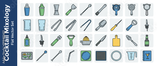Flat Vector Icon Set of 30 Cocktail Bar Mixology Tools. Includes Shaker, Jigger, Strainer, Muddler, Bar Spoon, Ice Scoop, Bottle Opener, Pourer, Peeler, Juicer, Knife, Cutting Board, and Barware.