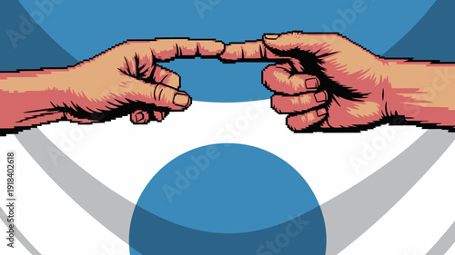 Two hands reach towards each other almost touching set against a vibrant stylized circular background of blue and white high quality professional detailed modern elegant stylish