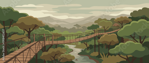 Flat Vector Illustration of a Scenic Treeline Canopy Walkway in a Tropical Rainforest with Lush Green Trees, a Winding River, and Distant Mountains under a Cloudy Sky for Eco-Tourism Concepts