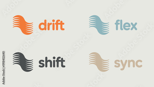 A minimalist graphic displays four company logos drift flex shift and sync each with a wavy feather like icon high quality professional detailed modern elegant stylish