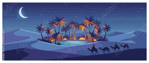 Flat Vector Illustration of a Moonlit Desert Oasis with Palm Trees, a Small Lake, and a Camel Caravan Traveling Under a Starry Night Sky with a Crescent Moon and Sand Dunes in the Background.