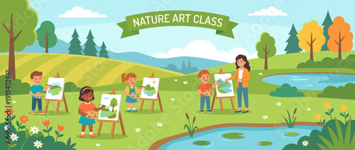 Children's outdoor nature art class flat vector illustration with kids painting landscapes on easels in a scenic park with a teacher, pond, trees, and flowers during a plein air summer workshop.