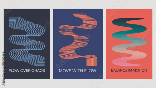 A triptych displays three abstract vertically oriented panels featuring wavy line patterns and inspirational text high quality professional detailed modern elegant stylish clean crisp vibrant colorful