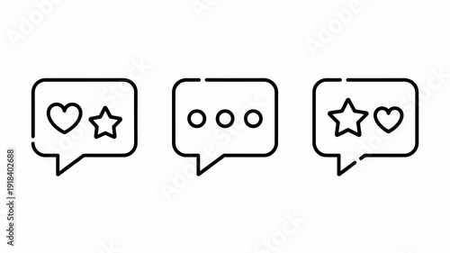 A series of three black outline speech bubbles contain various social media icons including hearts and stars high quality professional detailed modern elegant stylish clean crisp