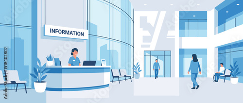 Modern hospital reception area with a friendly female receptionist at an information desk, patients in a clean medical clinic lobby with large glass windows, waiting room chairs, and plants.