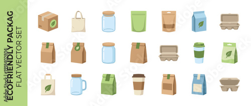 Eco-friendly packaging vector icon set featuring sustainable containers like cardboard boxes, paper bags, glass jars, reusable tote bags, coffee cups, and biodegradable food boxes for zero waste.