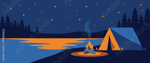 Flat vector illustration of a peaceful lakeside camping scene with a tent and campfire under a starry night sky, featuring pine tree silhouettes and calm water reflections for adventure.